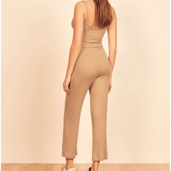 Reformation Kazu Jumpsuit Small Brown Tan Wide Leg Ribbed Knit One Piece Neutral - Picture 5 of 16